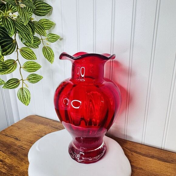 Vintage Ruby Red Glass Vase Bowl Ruffled Ribbed Melon Heavy BEAUTIFUL 9.25” - Picture 7 of 11